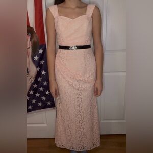 David's Bridal Blush Dress with Black Belt